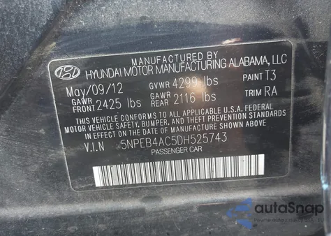 2013 Hyundai Sonata Gls z USA, uszkodzony, nr VIN 5NPEB4AC5DH525743